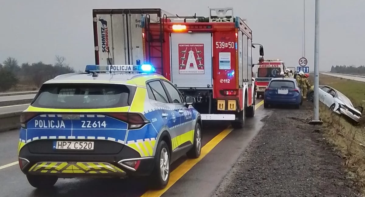 W Zakroczymiu kierowca Volkswagena zjechał z trasy S7 do rowu (fot. KP PSP w Nowym Dworze Mazowieckim)