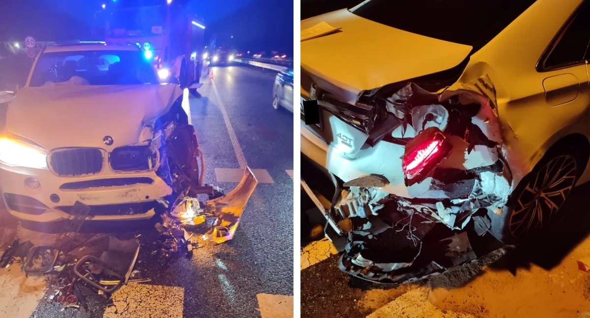Zderzenie BMW i Audi na trasie S7 w Cząstkowie Mazowieckim (fot. KP PSP w Nowym Dworze Mazowieckim)