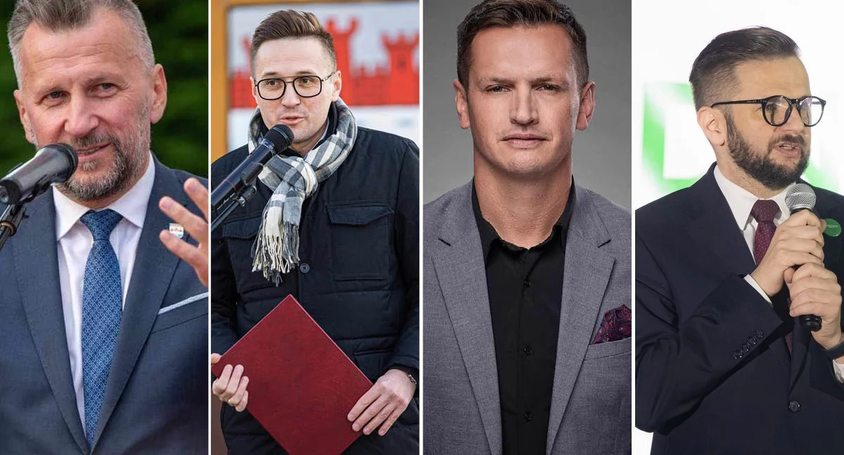 Kandydaci na burmistrza w wyborach w 2024 roku. Od lewej Jacek Kowalski (WND), Marcin Ozdarski (Zjednoczeni), Karol Bielec i Sebastian Sosiński (Odnowa)