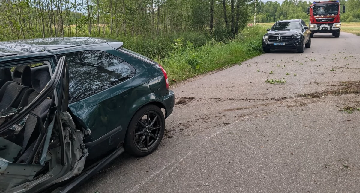 W Małocicach auto osobowe wypadło z drogi i uderzyło w drzewo (fot. KP PSP w Nowym Dworze Mazowieckim)