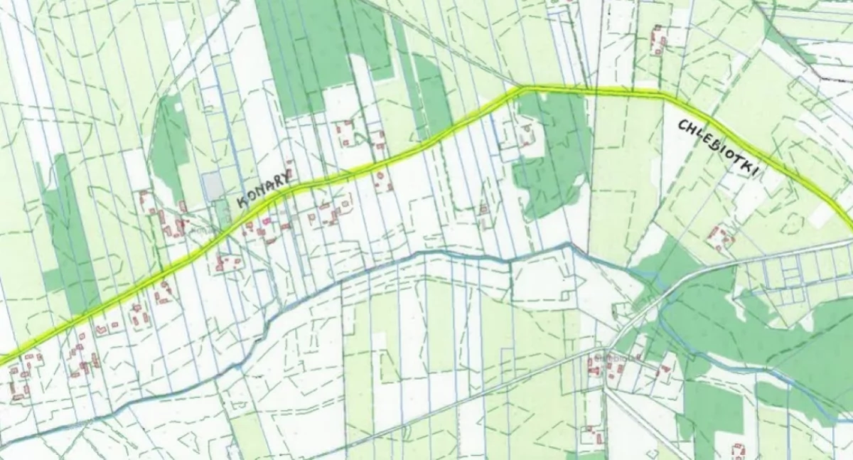 Na żółto zaznaczono drogę między Konarami a Chlebiotkami, która zostanie zmodernizowana (fot. Urząd Miejski w Nasielsku)