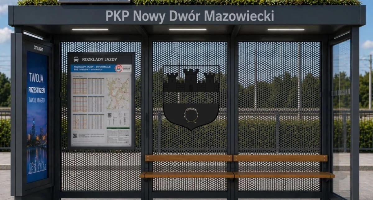 Zdjęcie: wizualizacja wiaty przystankowej przy stacji PKP w Nowym Dworze Mazowieckim, fot. UM w Nowym Dworze Mazowieckim